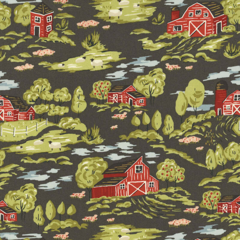 Black fabric with a farm map pattern