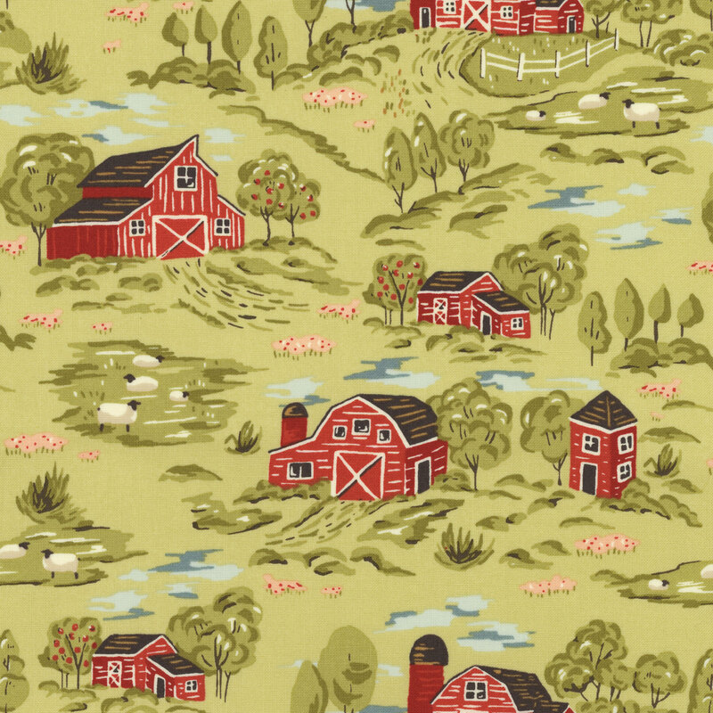 Green fabric with a farm map design