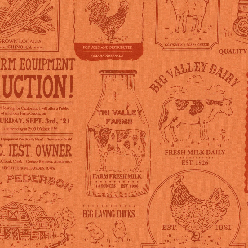 tonal red fabric with farm newspaper design