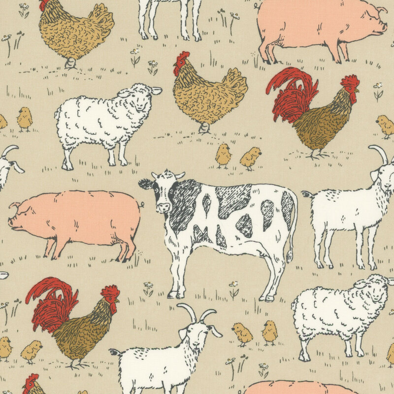 Tan fabric with a grass and farm animal pattern