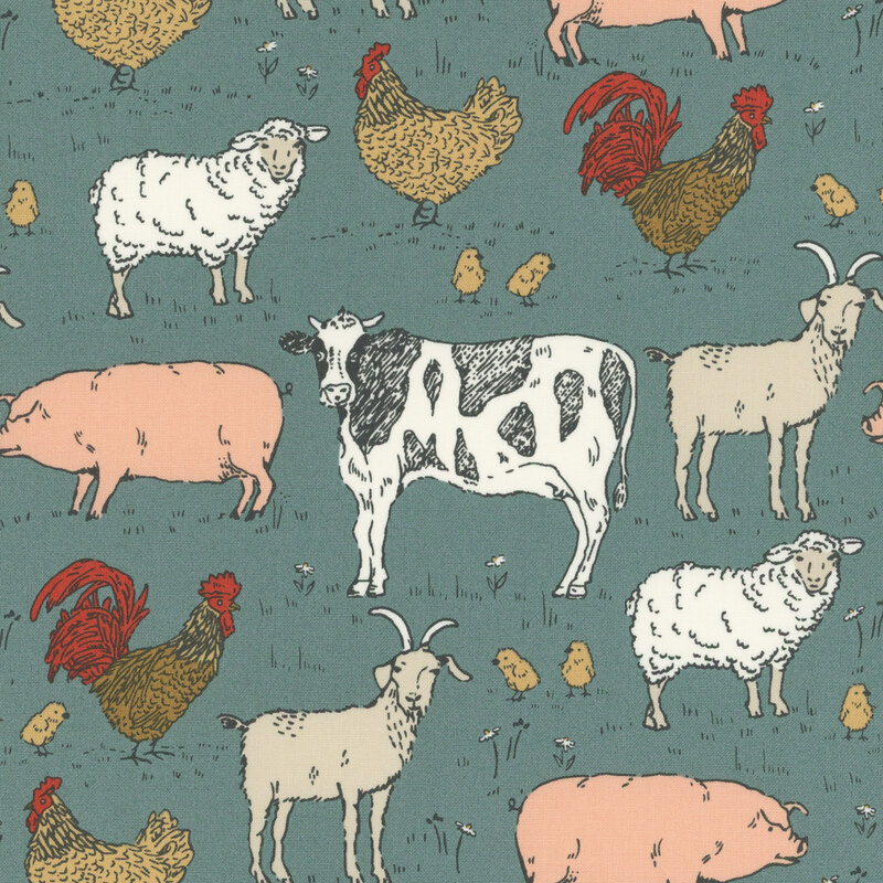 Blue fabric with a farm animal and grass design