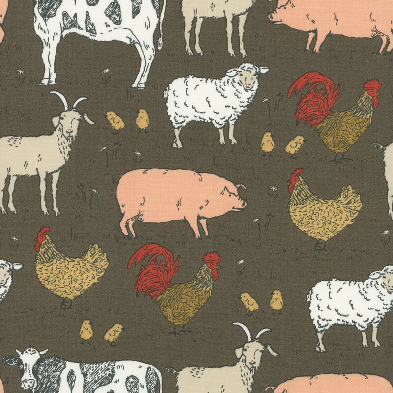 Black fabric featuring a farm animal and grass pattern