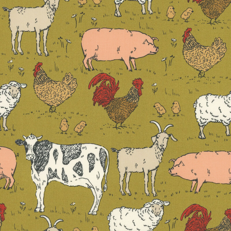Green fabric with a farm animal pattern