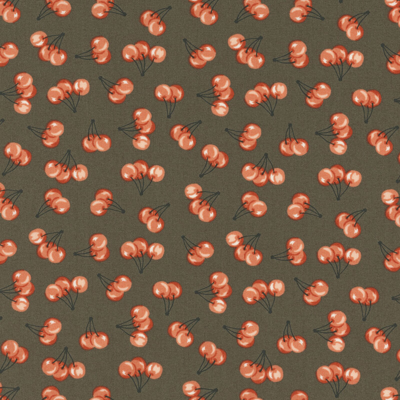 dark gray fabric with a cherry print pattern 