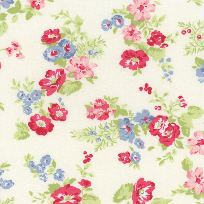 Cream fabric with a blue and red floral pattern 