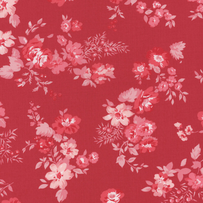 Red fabric with a tonal floral rose print pattern