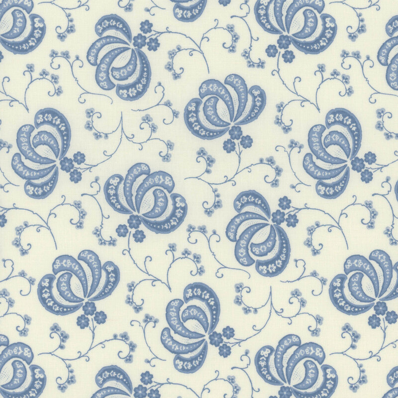 White fabric with a blue flower design pattern