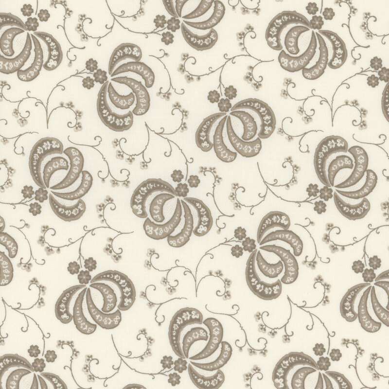 White fabric with a grey floral pattern