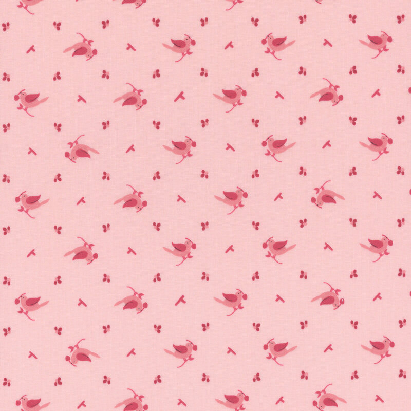 Pink fabric with a tonal ditzy bird and fruit design 