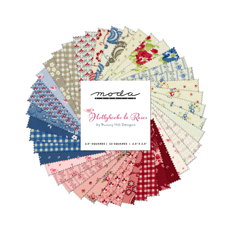 Collage of collection fabrics available in this charm pack