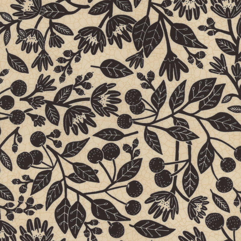 Off white fabric with black leaves, vines, berries, and flowers throughout