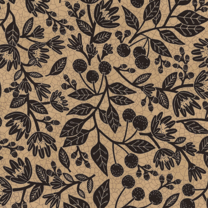 Light tan fabric with a cracked earth textured background and large black leaves, vines, berries, and flowers throughout