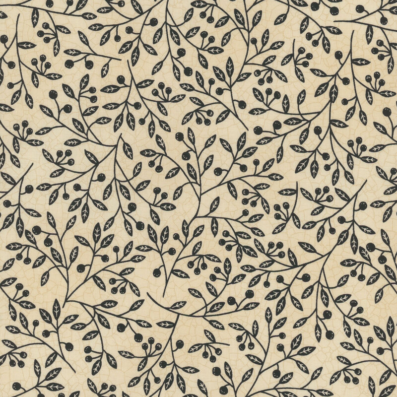 Off white fabric with a cracked earth texture and black leaves, vines and berries throughout