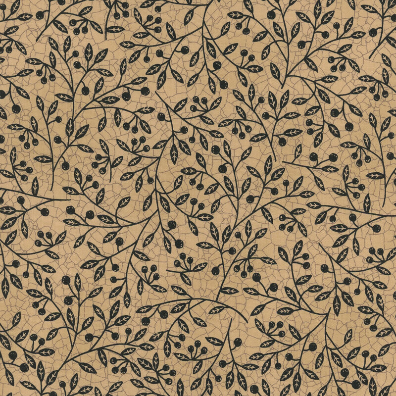 Tan fabric with a cracked earth texture and black leaves, vines and berries throughout