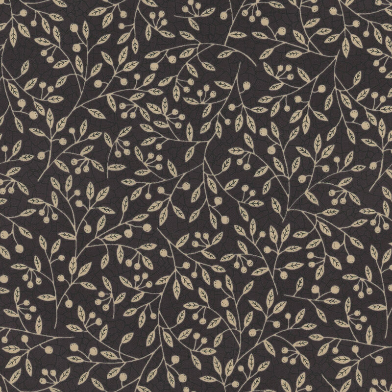 Black fabric with a cracked earth texture and black leaves, vines and berries throughout