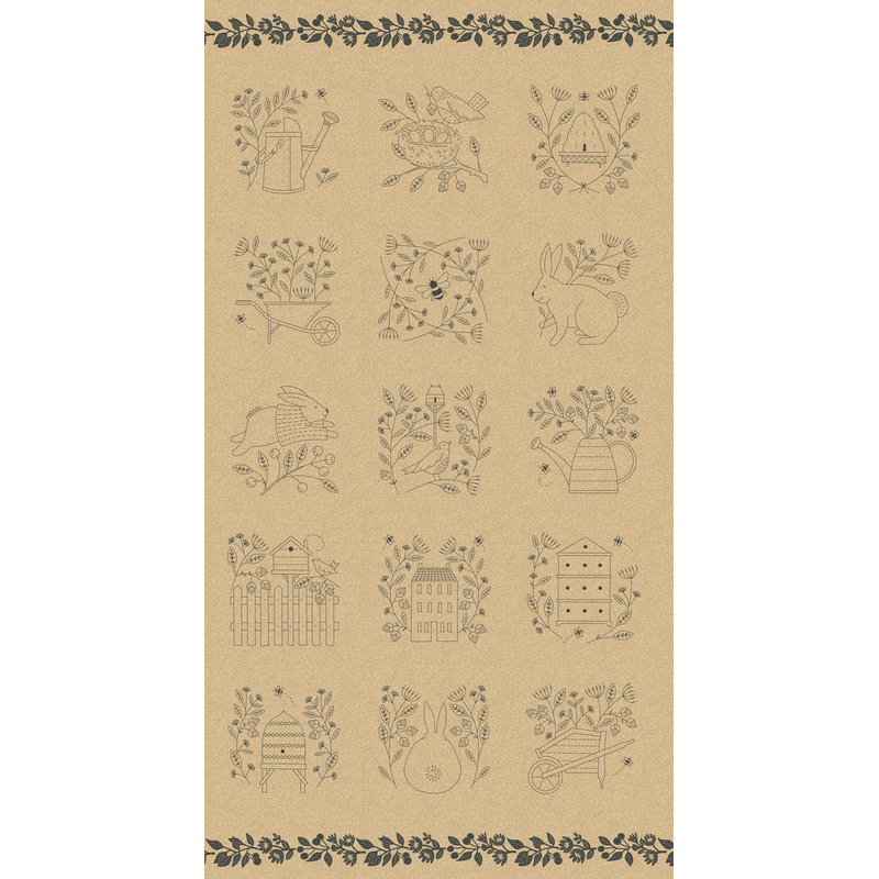 Tan fabric panel with 15 scenes of summertime activities and bordering black leaves and vines