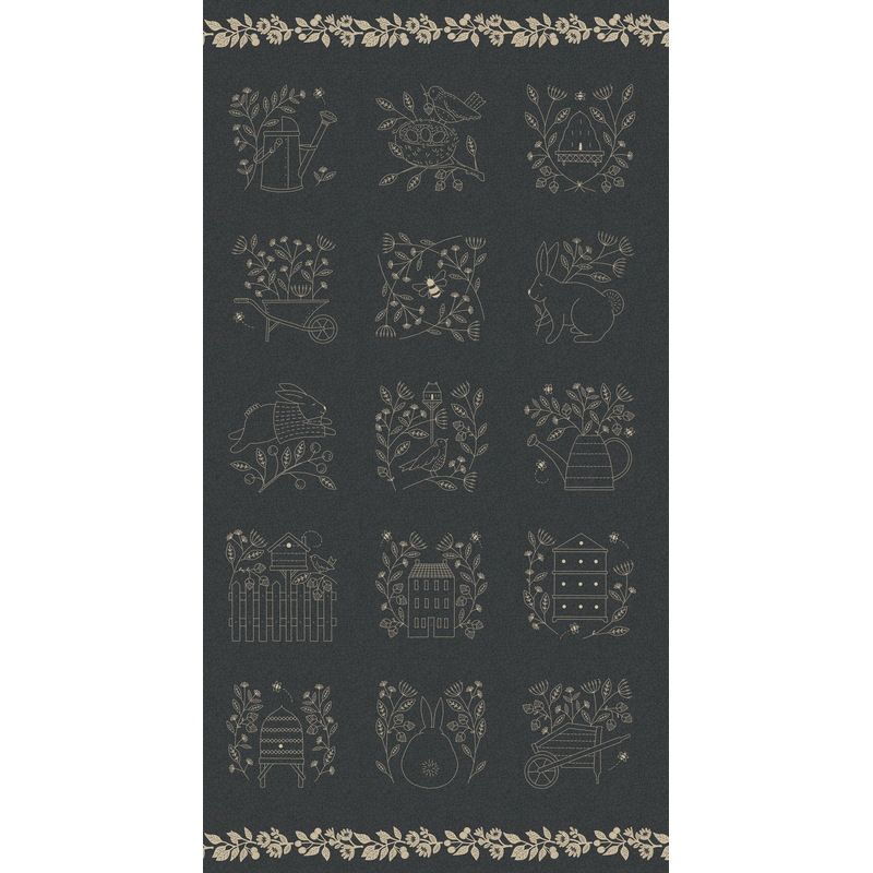 Black fabric panel with 15 scenes of summertime activities and bordering tan leaves and vines