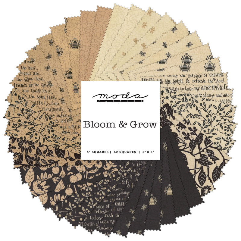 A spiraled collage of tan, cream, and black floral fabrics with a Moda Fabrics Bloom & Grow label in the center