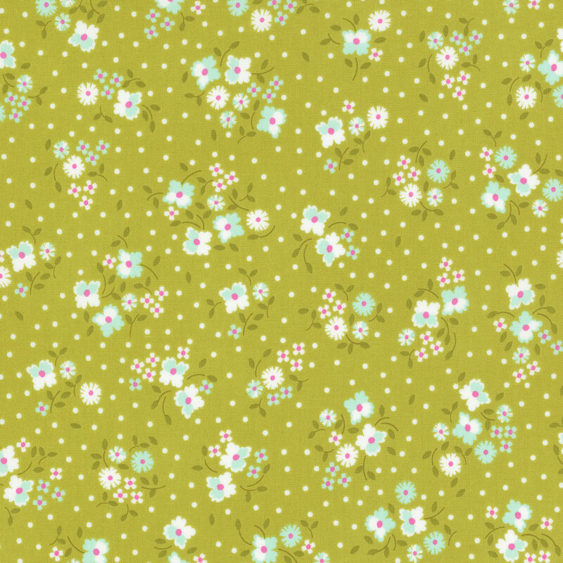 Green fabric with small, colorful ditsy floral clusters and little white dots throughout