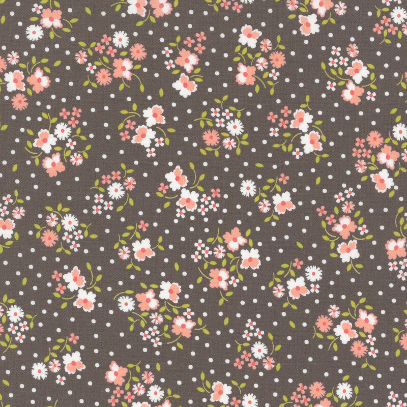 Dark gray fabric with small, colorful ditsy floral clusters and little white dots throughout