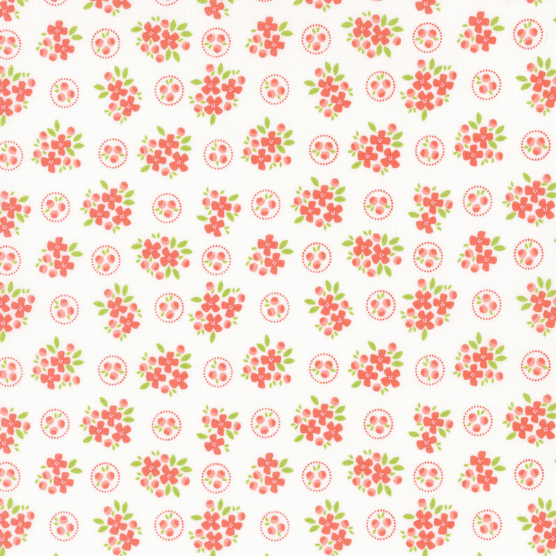 White fabric with bright reddish pink floral clusters spaced evenly throughout