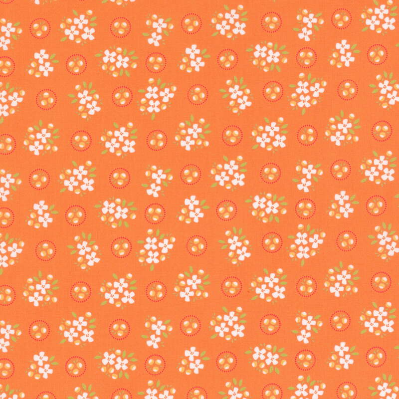 Orange fabric with bright white floral clusters spaced evenly throughout