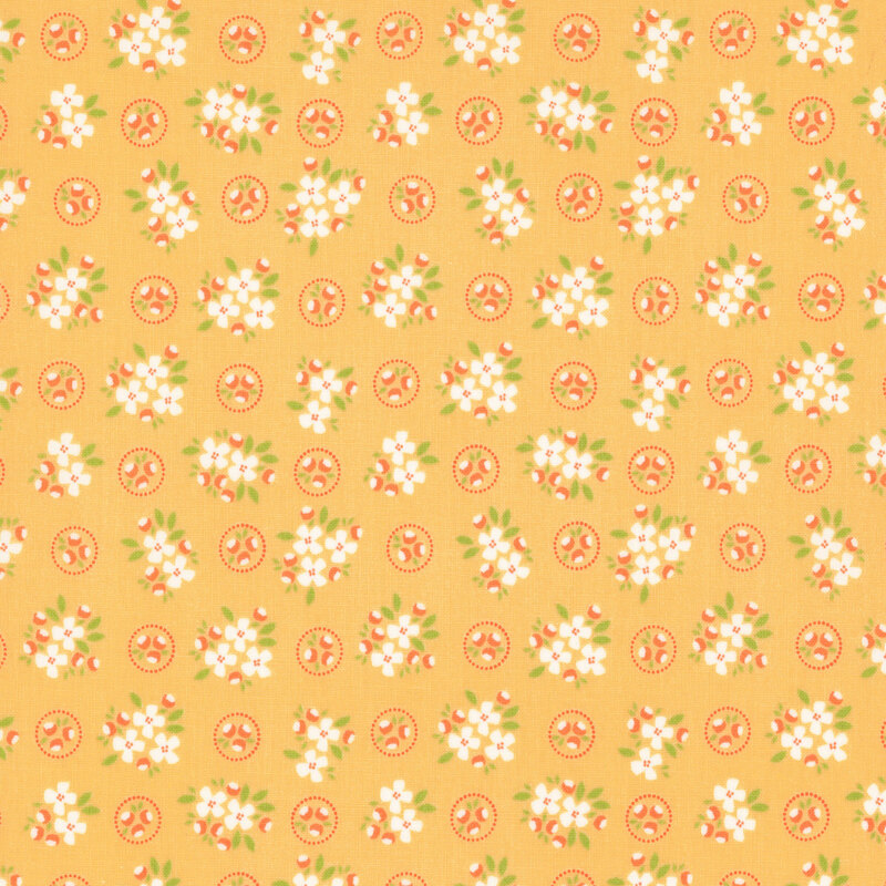 Yellow fabric with bright white floral clusters spaced evenly throughout