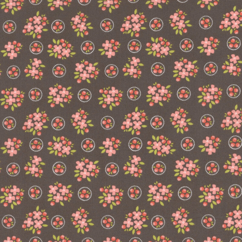Dark gray fabric with bright pink floral clusters spaced evenly throughout