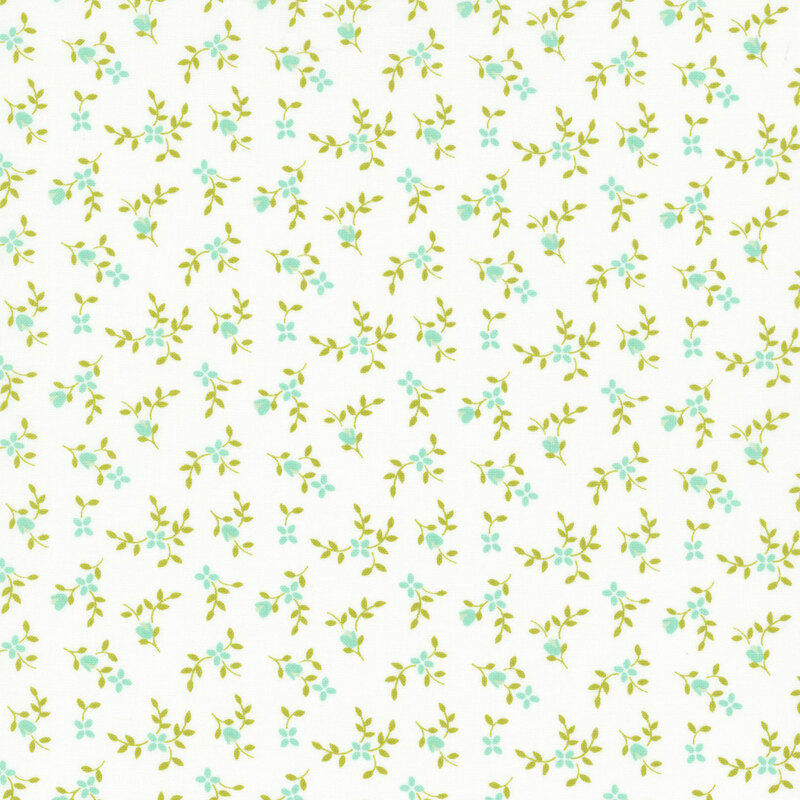 White fabric with ditsy aqua flowers and green sprigs throughout