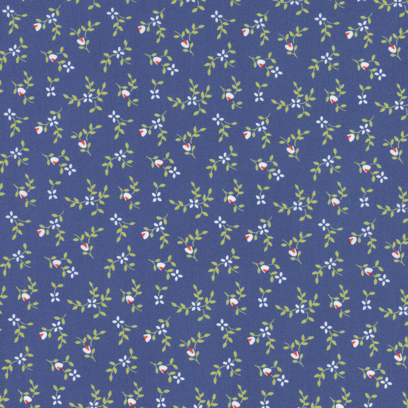 Blue fabric with ditsy pale blue flowers and green sprigs throughout