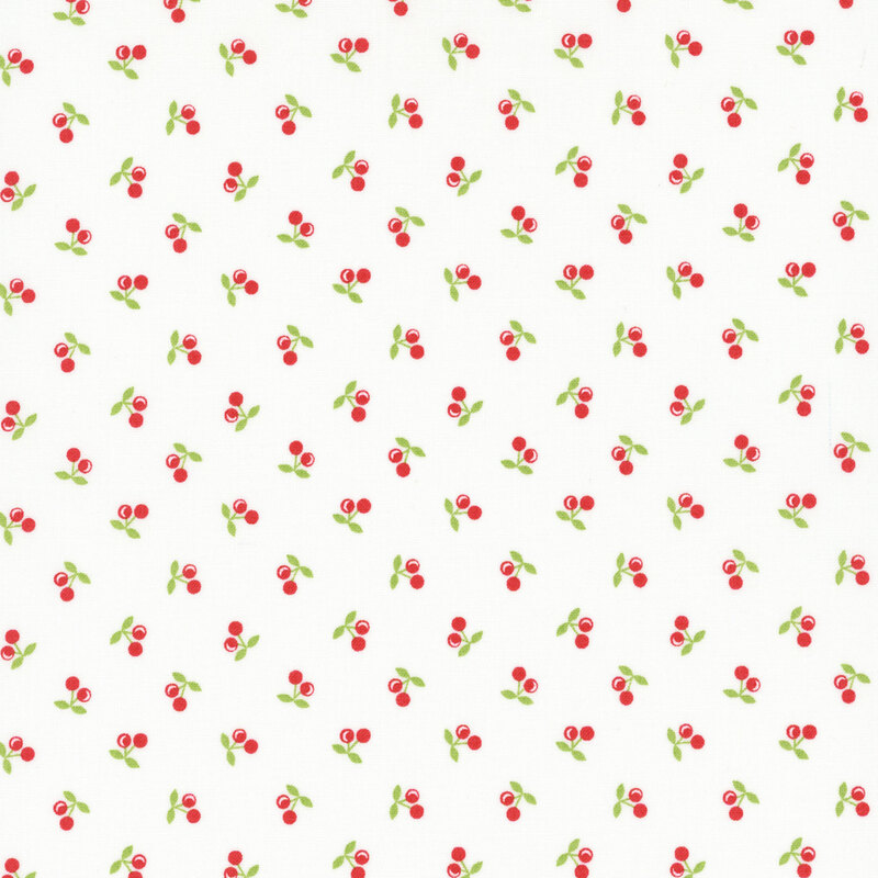 White fabric with ditsy little red berries with green stems spaced evenly throughout