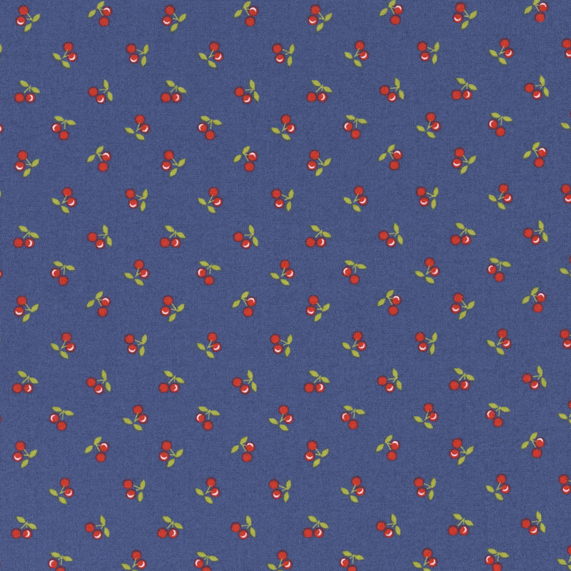 Blue fabric with small red ditsy berries throughout