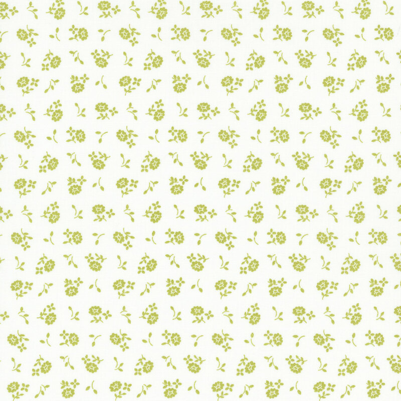 White fabric with small green ditsy florals throughout