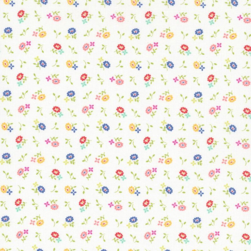 White fabric with small colorful ditsy flowers and green sprigs throughout