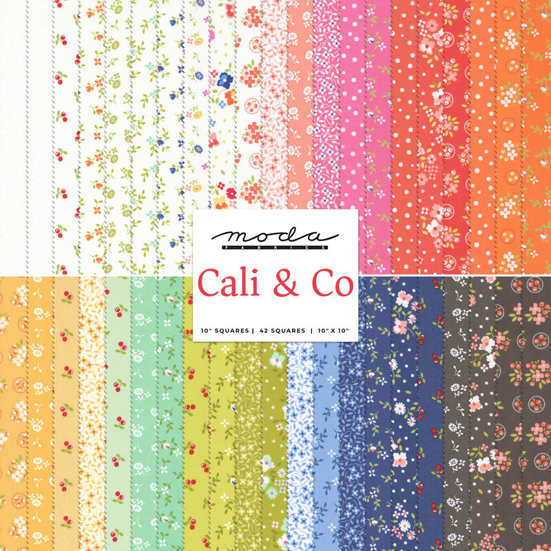 collage of the fabrics in the Cali & Co layer cake featuring calico prints in shades of gray, blue, green, white, orange, yellow, aqua, pink, and red