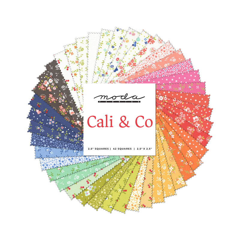 spiral collage of the fabrics in the Cali & Co mini charm pack featuring calico prints in shades of gray, blue, green, white, orange, yellow, aqua, pink, and red