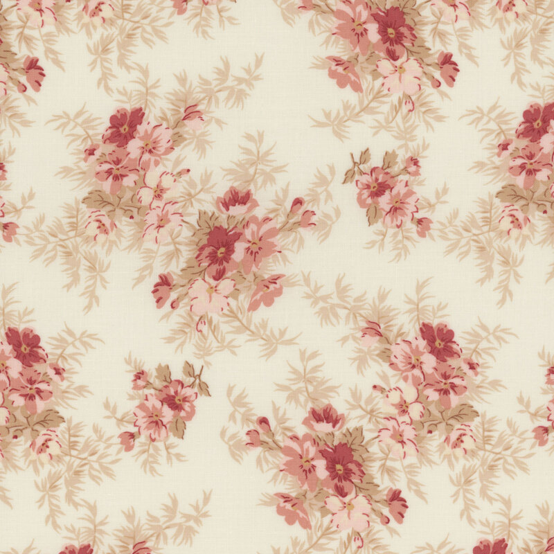 cream fabric with pink flowers and bushy leaves