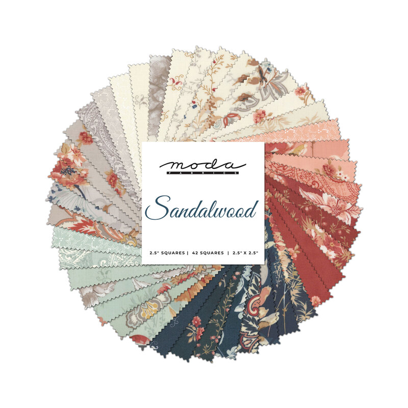 spiral collage of all the fabrics in the Sandalwood mini charm pack in shades of blue, aqua, gray, cream, pink, and red