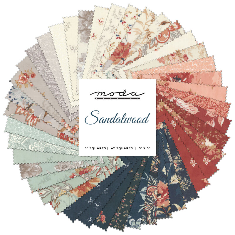 spiral collage of all the fabrics in the Sandalwood charm pack in shades of blue, aqua, gray, cream, pink, and red