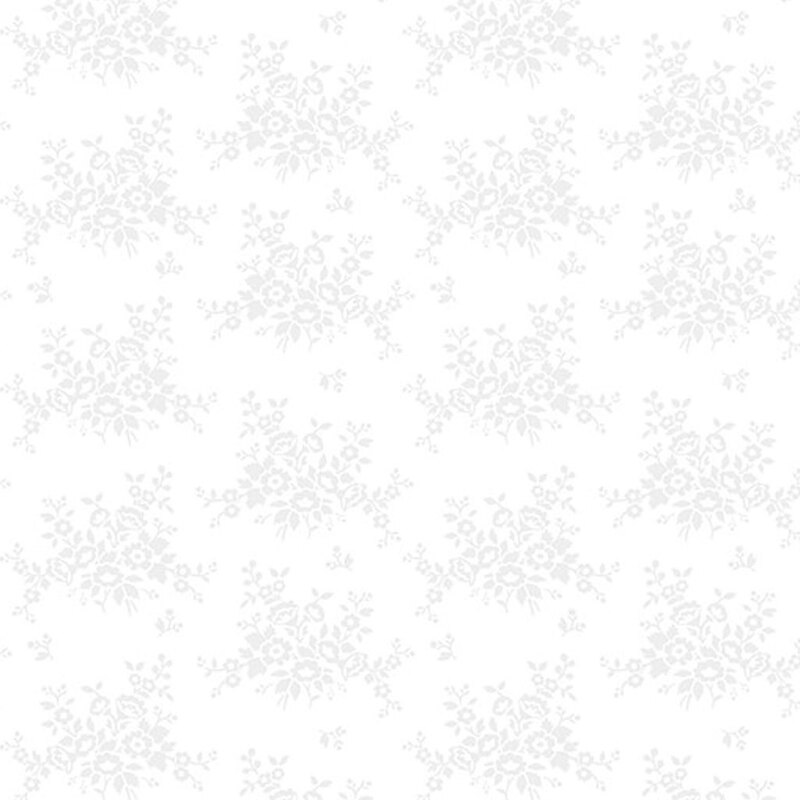 digital gray-on-white fabric with floral bouquets with stems branching out the sides