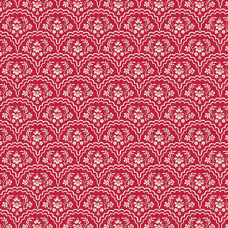 red fabric with white-outlined floral scallops