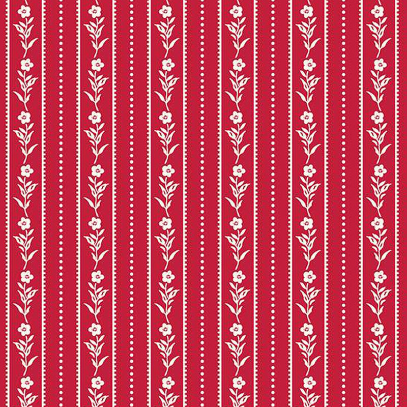 red fabric with white vertical lines of flowers, dotted lines, and stripes