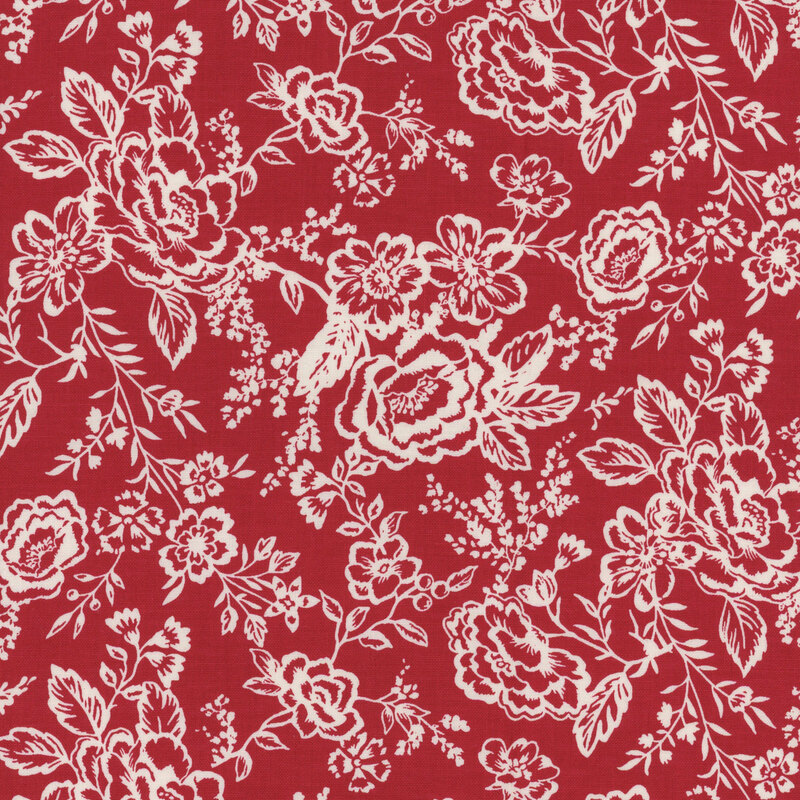 red fabric with large white outlined roses