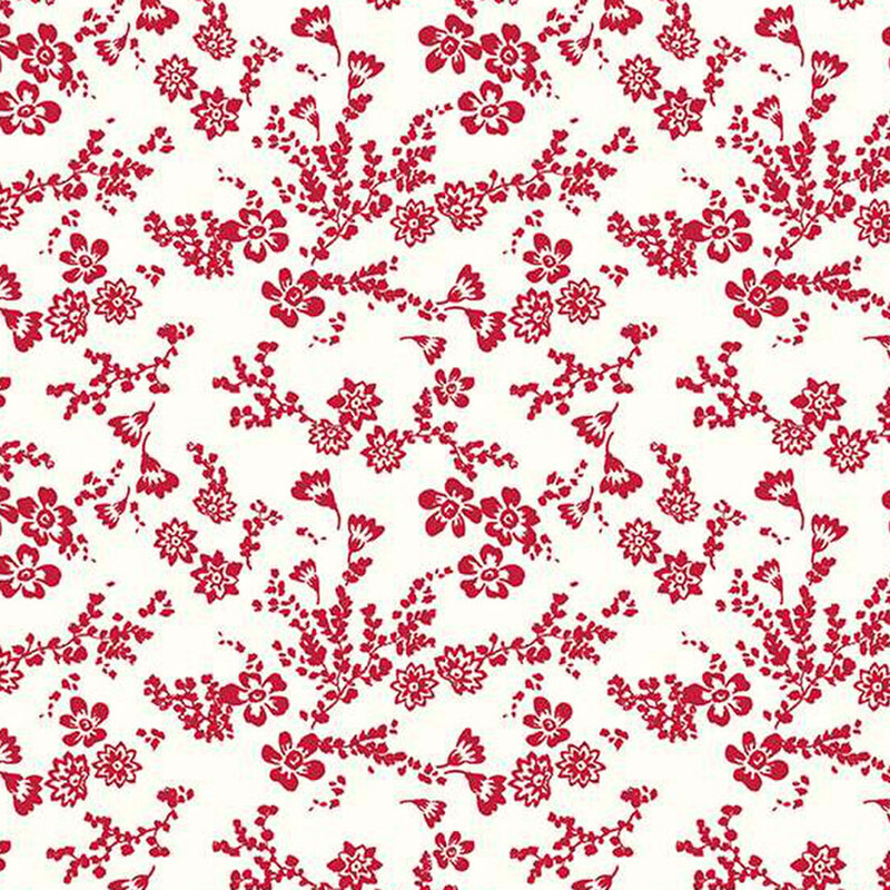 white fabric with sprawling red florals