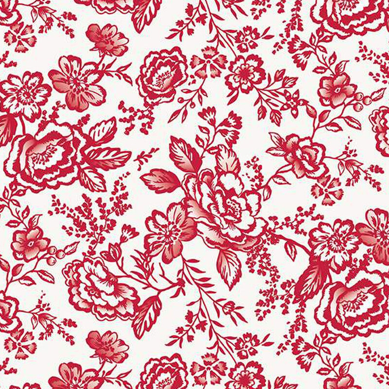 white fabric with large red outlined roses