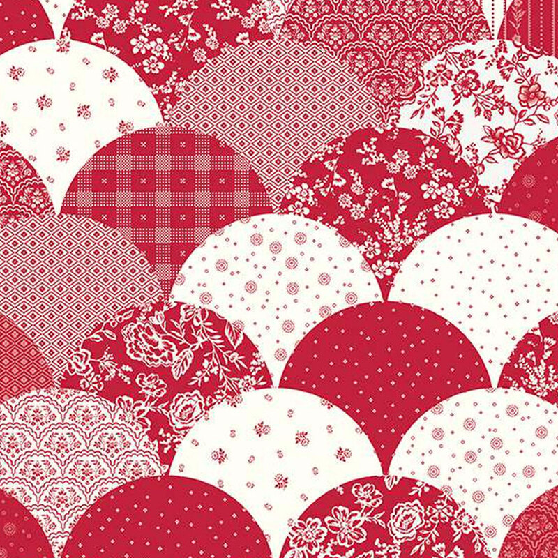 red and white scalloped fabric made up of all the other fabrics in the red delicious collection
