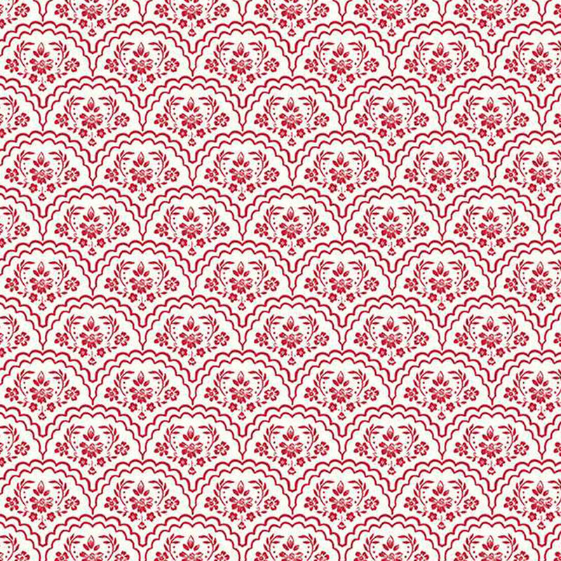white fabric with red-lined floral scallops