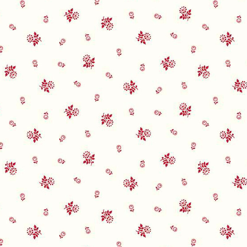 white fabric with red ditsy flowers and dandelions