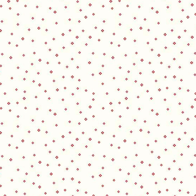 white fabric with tiny red simplified four-petaled flowers