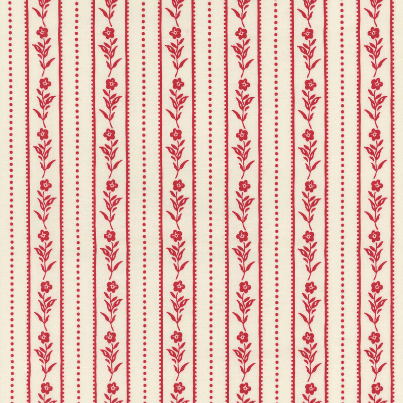 white fabric with red vertical lines of flowers, dotted lines, and stripes